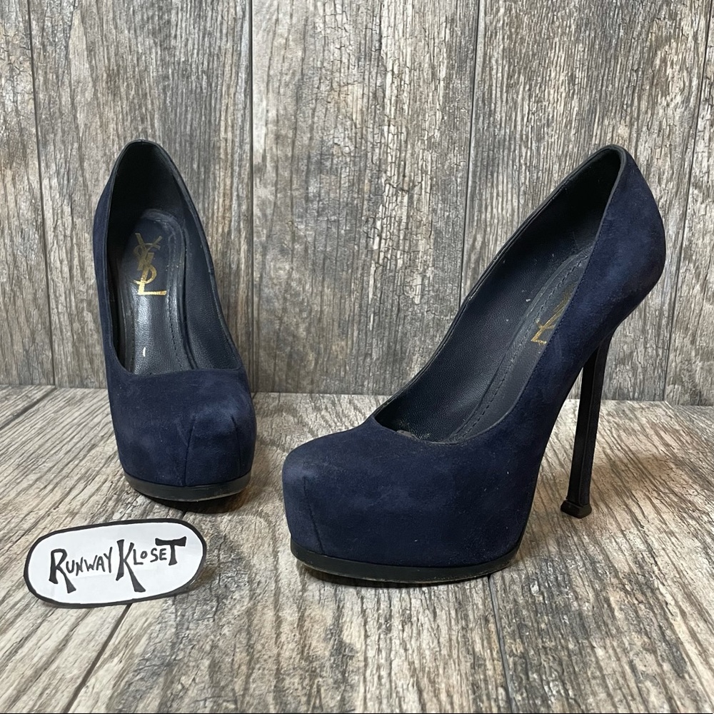 YSL Tribute Blue Suede Pump Heels Stilettos Sz 35